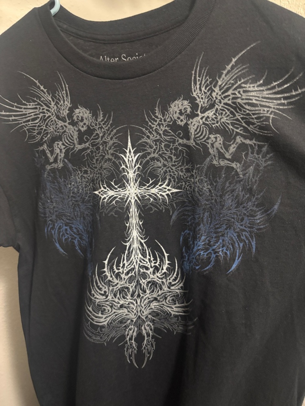 Men's Black Graphic Cross Tee with Blue Accents